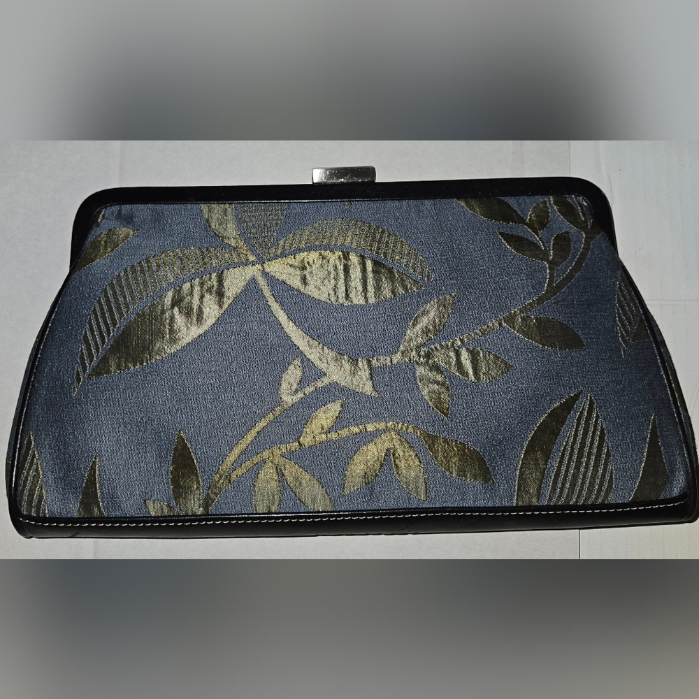 BNWT Echo Brand Floral Leaf Jacqaurd Fabric Blue & Green Clutch Handbag